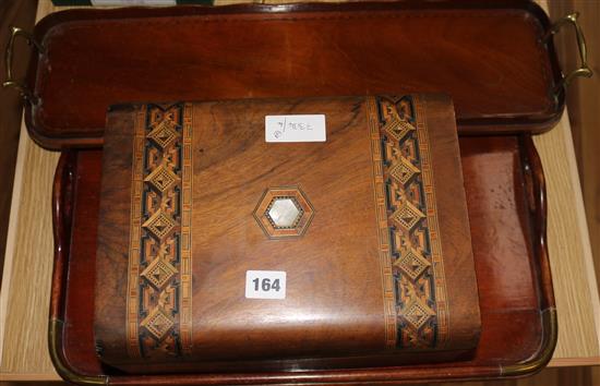 A Victorian inlaid work box and two wooden trays